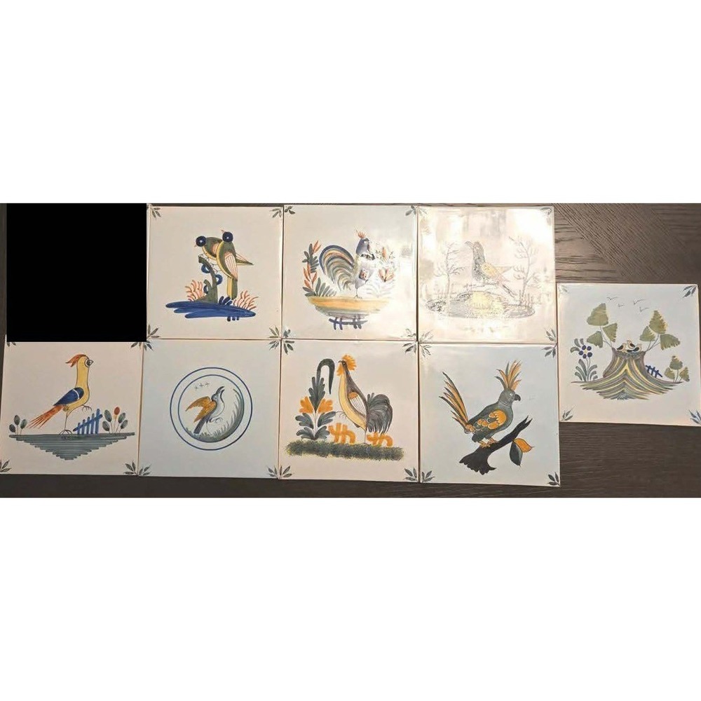 Lot of 8 Vintage Geo Martel Tiles w/Birds, Made in Desvres,‎ France